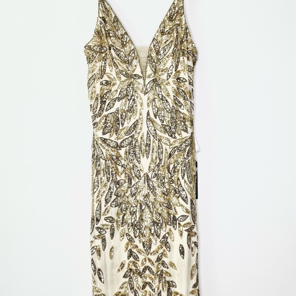 NWT Mac Duggal Embellished Leaf Evening Gown Nude Gold - Picture 4 of 7